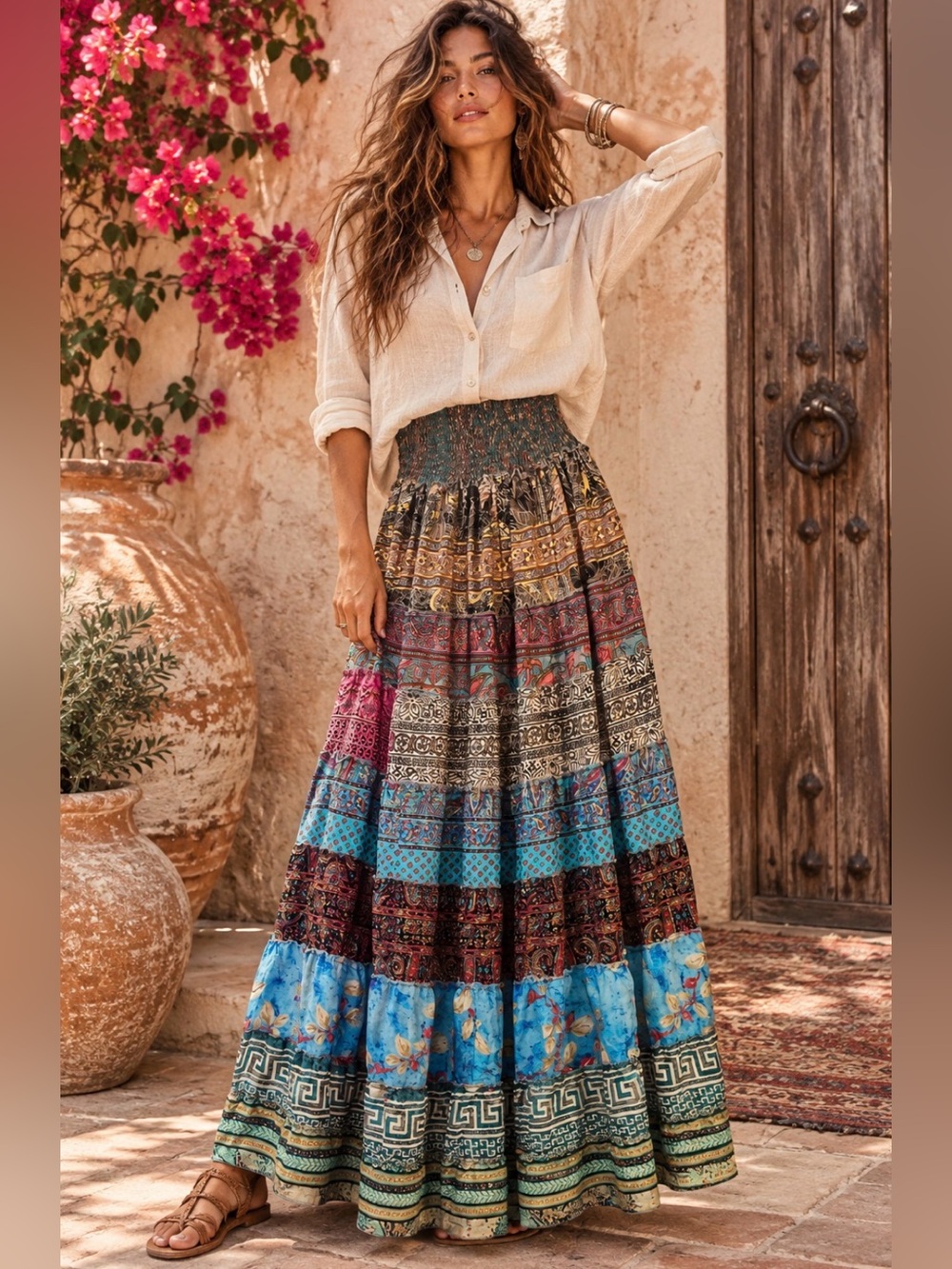 Boho Tiered Maxi Skirt in Multicolor Patchwork